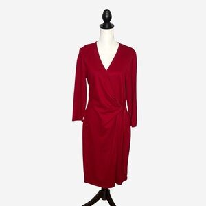 NWT Anne Klein Faux Wrap Midi Sheath Dress 12 Titan Red Stretch Knit *Read